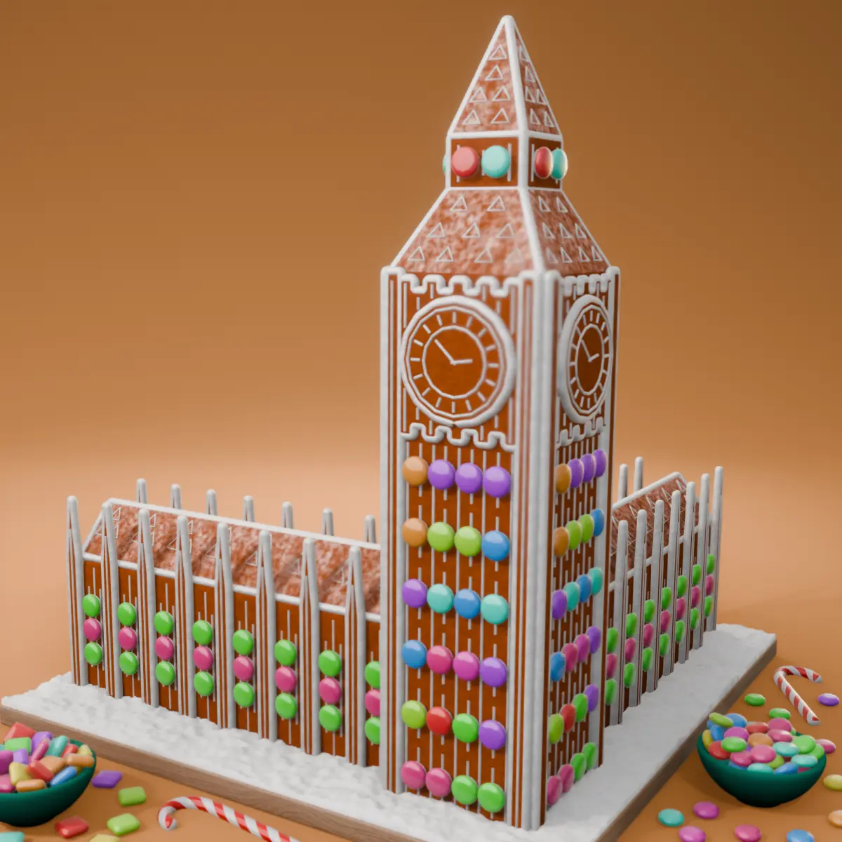 Big Ben i pepparkaka med dekoration.