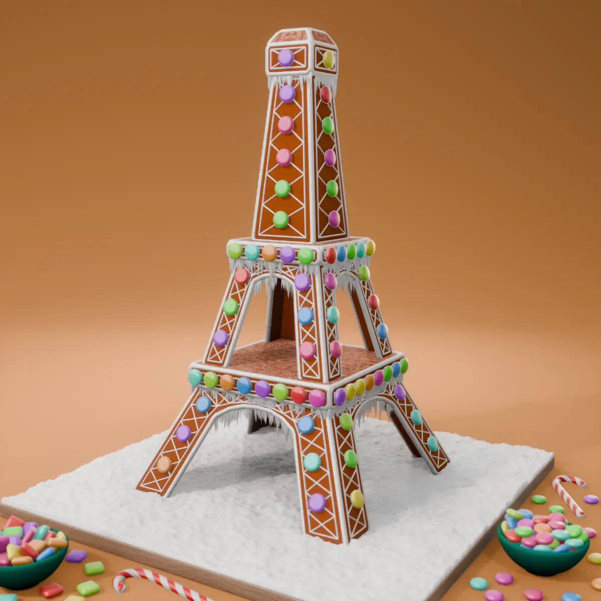 Pepparkaks-Eiffeltornet med dekoration.
